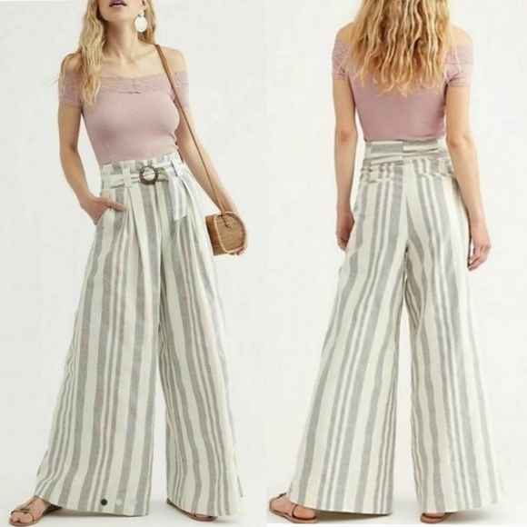 NEW Free People Hi Tyed Wide Leg Pant Ivory Stripe - Picture 1 of 11
